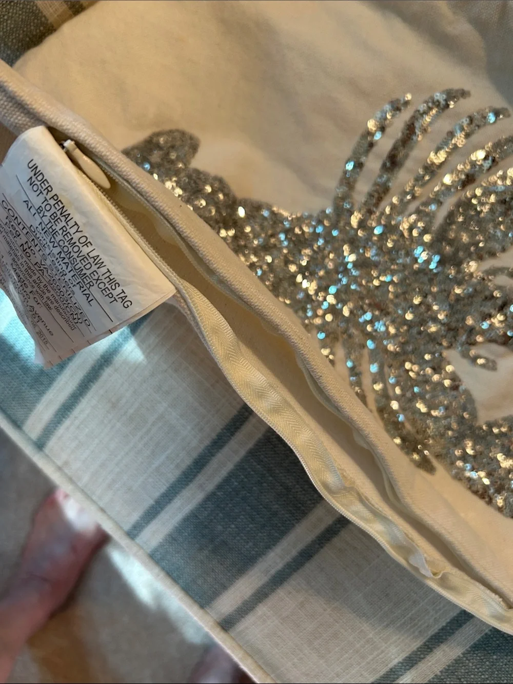 Silver Sequined Lobster Throw Pillow Case with Zipper Closure 12x20 Creamy White